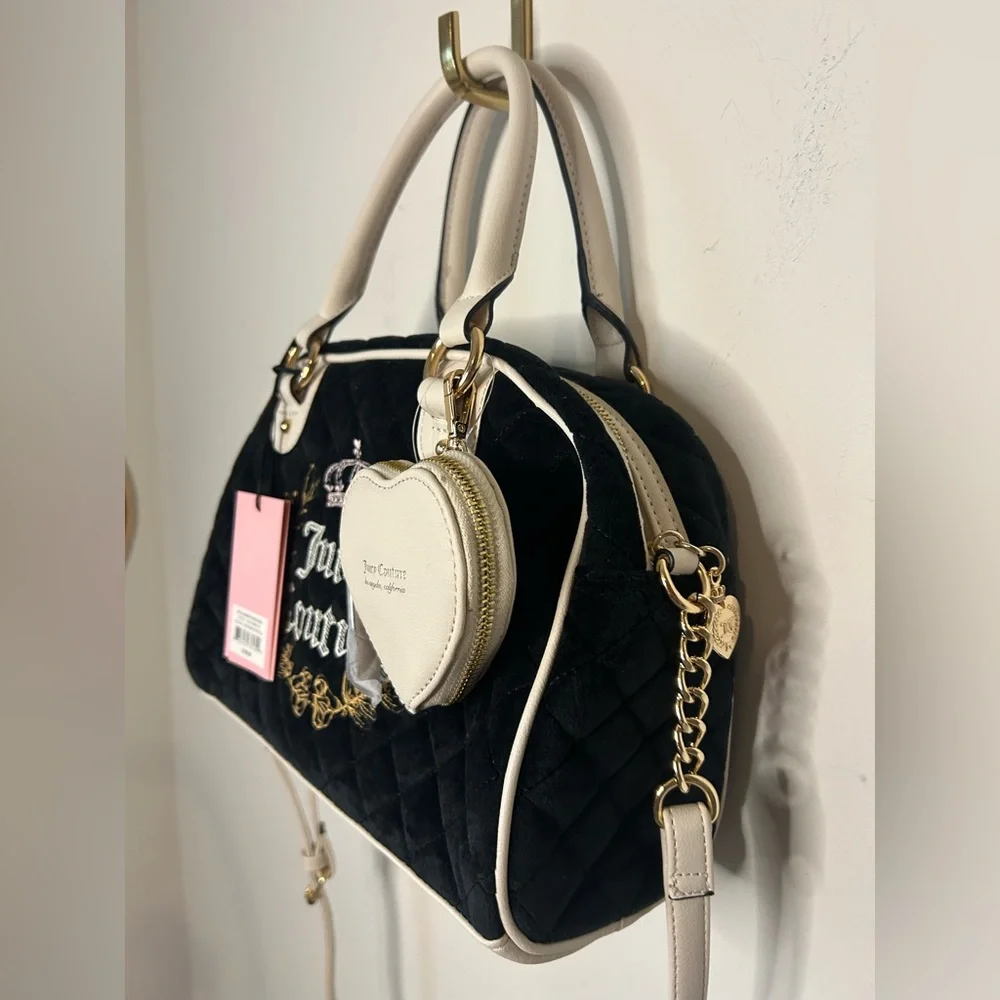 juicy couture black cream embroidered crest satchel bag
